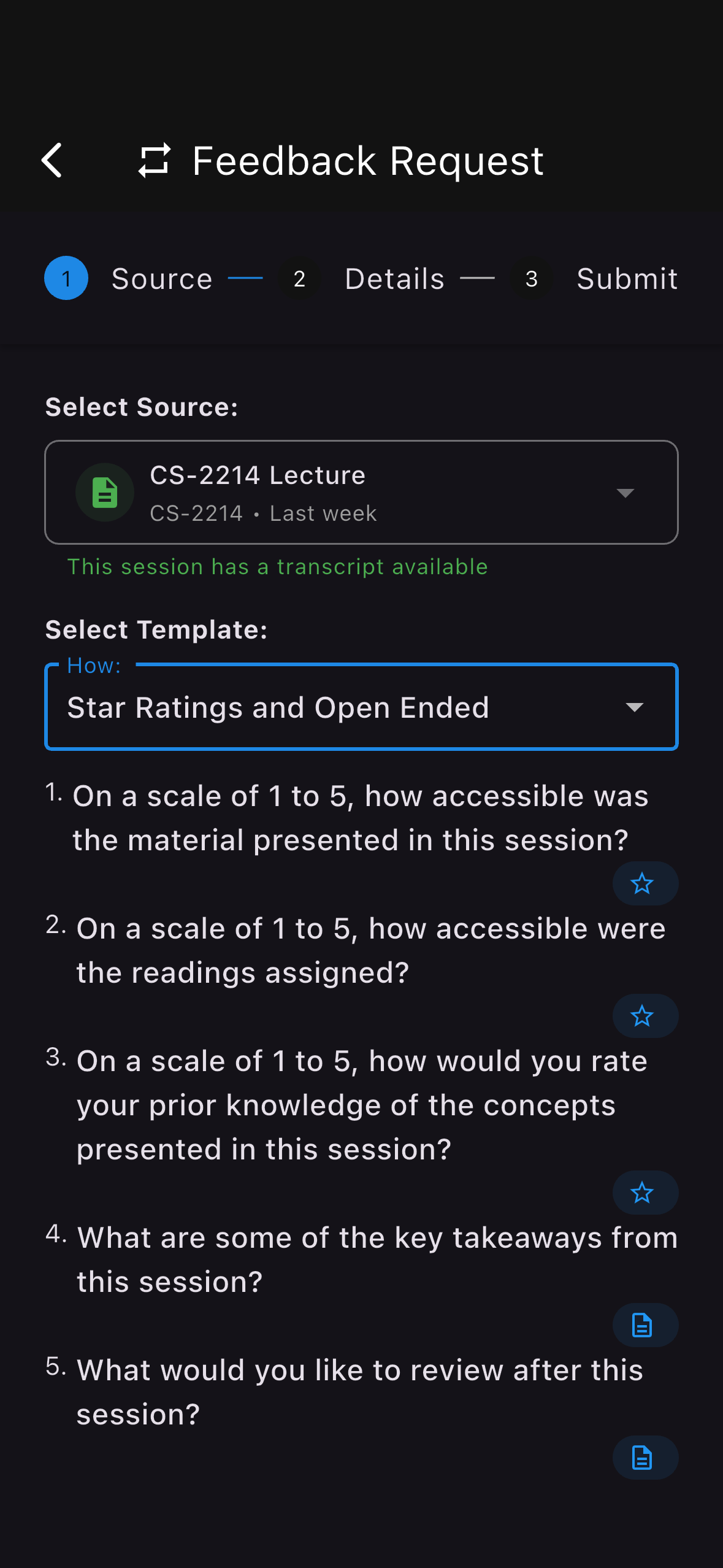 Feedback template configuration showing star ratings and open-ended questions