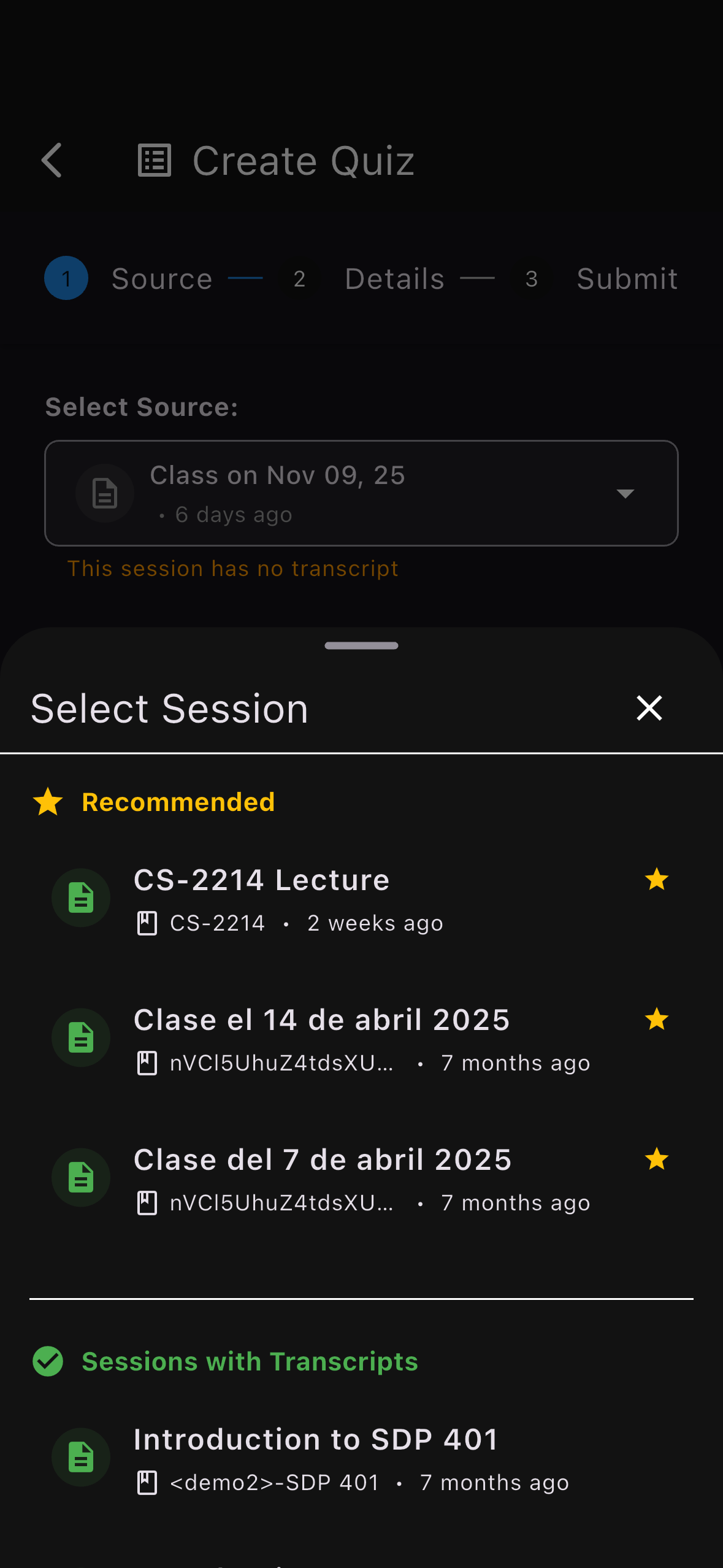 Quiz configuration screen
